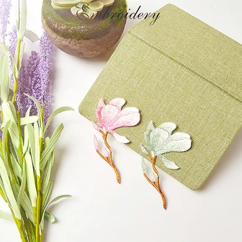 Embroideried מגנוליה, פרח תיקון אפליקציה בשביל לתפור בגדים צבעוניים פרחים מדבקה בעבודת יד DIY בגדים מדבקות דקור