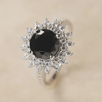 כסף S925 טבעות יהלום שחור נשים חמניות טבעת אצבע נשית ונוצצת 6.8 מ 