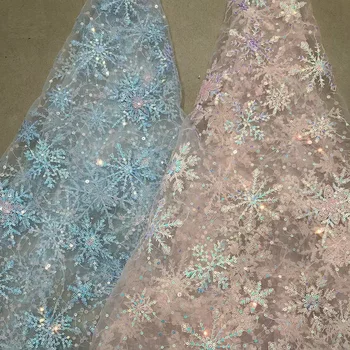 130cm רחב אור כחול /ורוד רשת פאייטים רקמה, תחרה בד פתית שלג חרוזים לחתוך שמלת נצנצים בד השמלה חומר X810